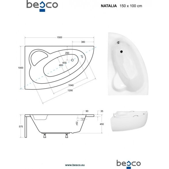 Akrilinė vonia Besco Natalia, 150x100 kairinė 3